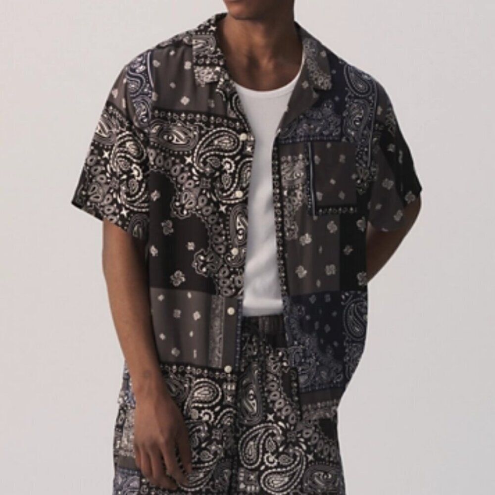 LCKR Bandana Patchwork Rayon Camp Shirt Men's Size XL Black Paisley